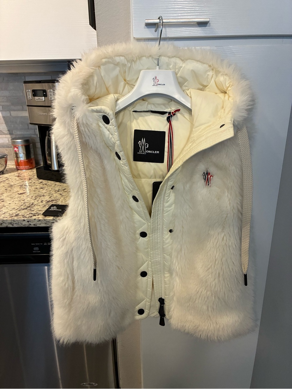 Moncler Grenoble Cream Faux-Fur Hooded Teddy Vest